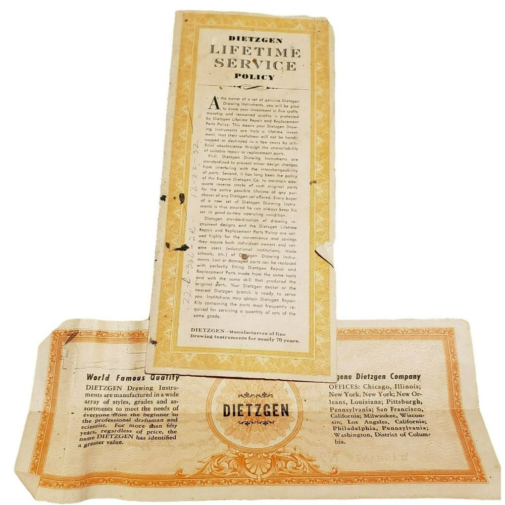 Dietzgen Lifetime Service Policy Warranty Card Number Certificate‎ Slide